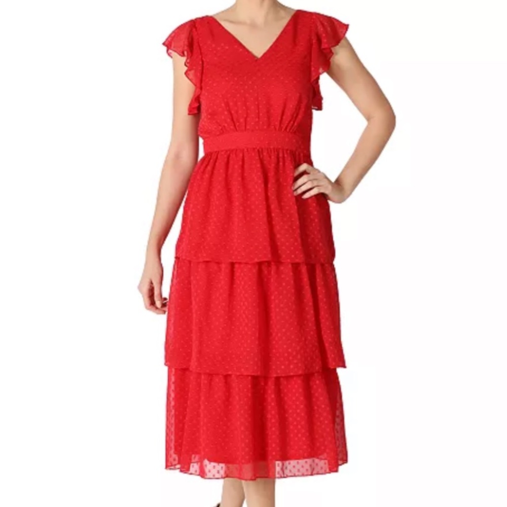 NWT JULIA JORDAN Red Short Sleeve Tiered Ruffle Chiffon Lined Midi Dress Size 10